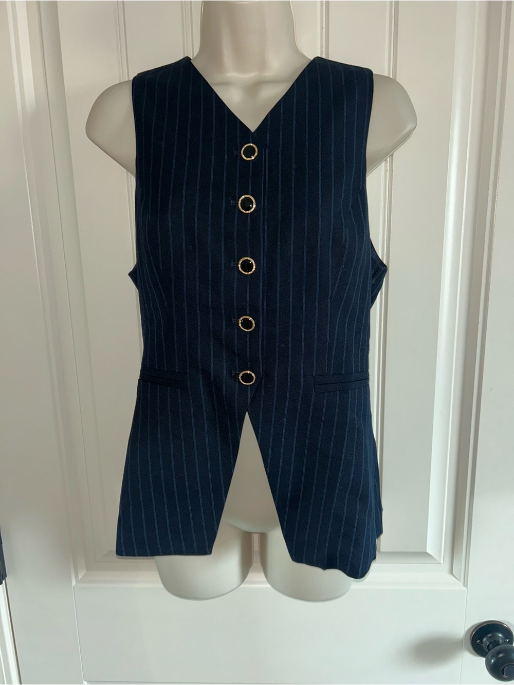 NEW Few Moda Navy Pinstripe V-Neck Vest with Gold Trim Sz 6